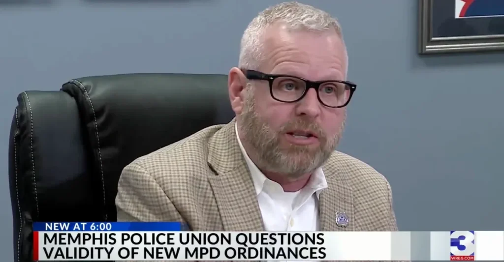 John Covington seated in an office chair speaking in a televised news segment, with an on-screen banner reading “New at 6:00 – Memphis Police Union questions validity of new MPD ordinances” and the Channel 3 WREG logo.