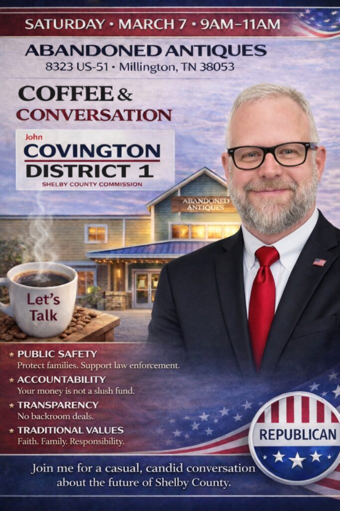 Image of an event flyer for coffee and conversation with John Covington